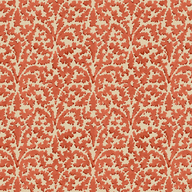 Warm coral-red branching floral sprigs on a pale cream linen ground