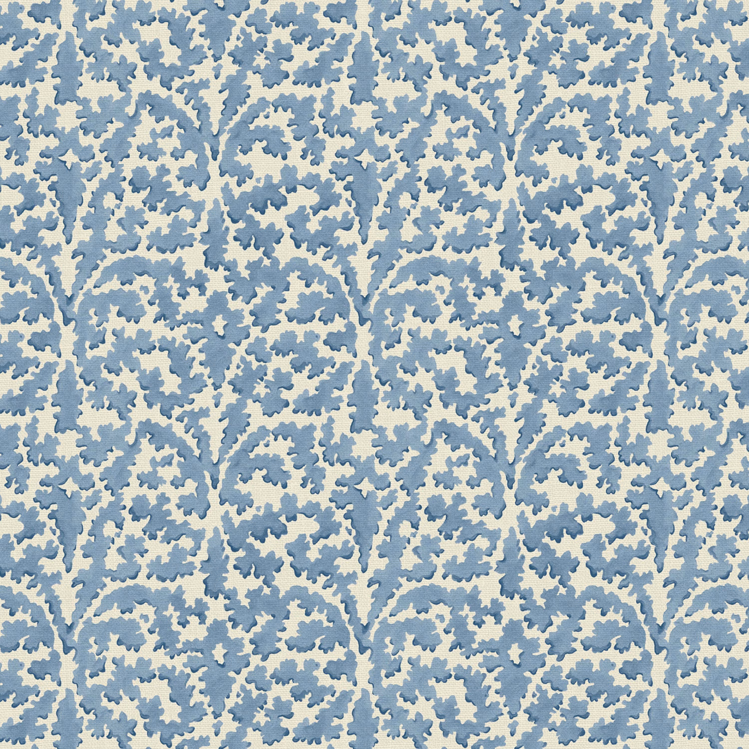 Soft blue branching botanical print on an ivory linen fabric ground