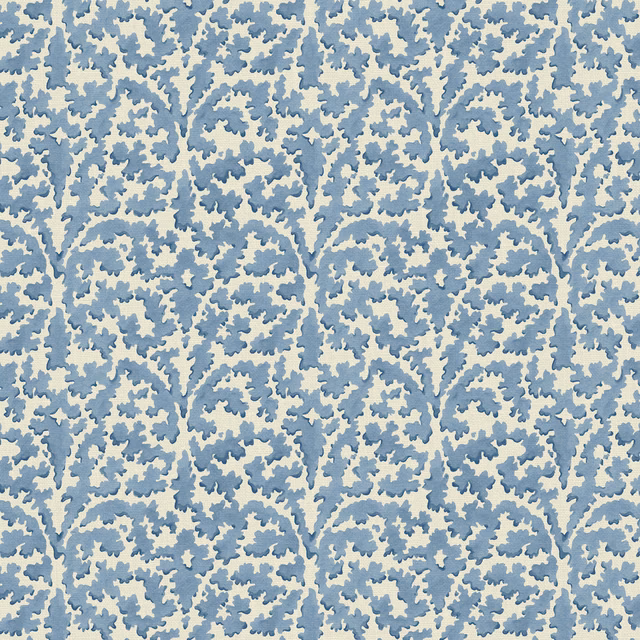 Soft blue branching botanical print on an ivory linen fabric ground