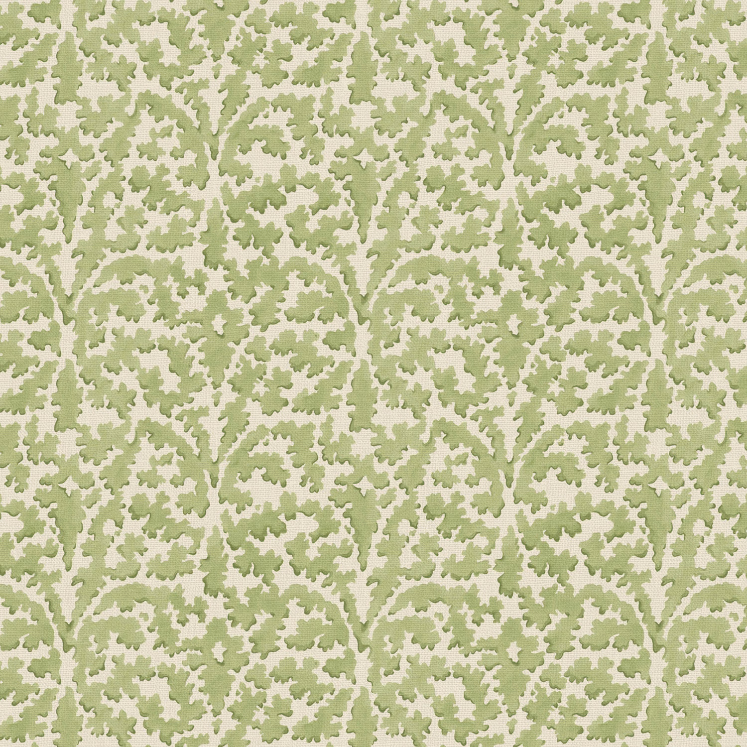 Pale aqua and sage leafy sprigs printed on a warm ivory fabric ground
