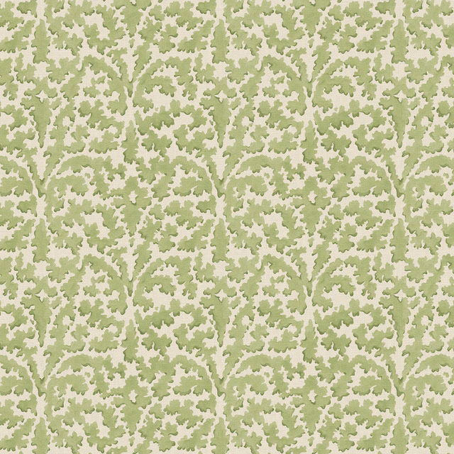 Pale aqua and sage leafy sprigs printed on a warm ivory fabric ground