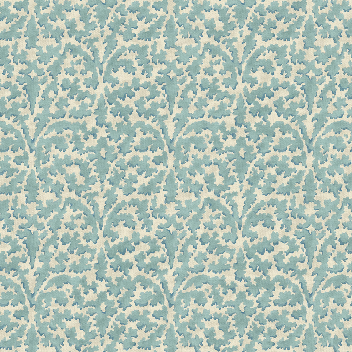 Pale aqua linen with dense blue-green branching coral motifs on a cream ground