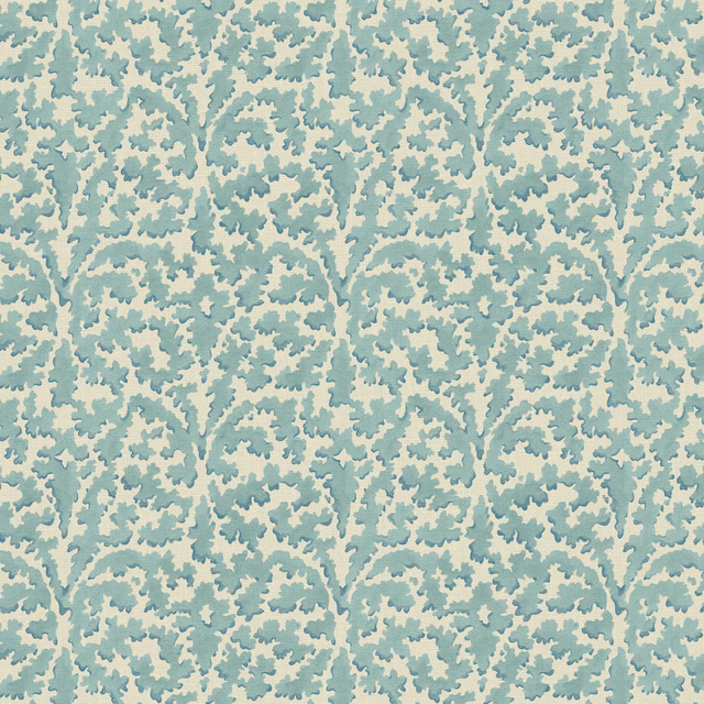 Pale aqua linen with dense blue-green branching coral motifs on a cream ground
