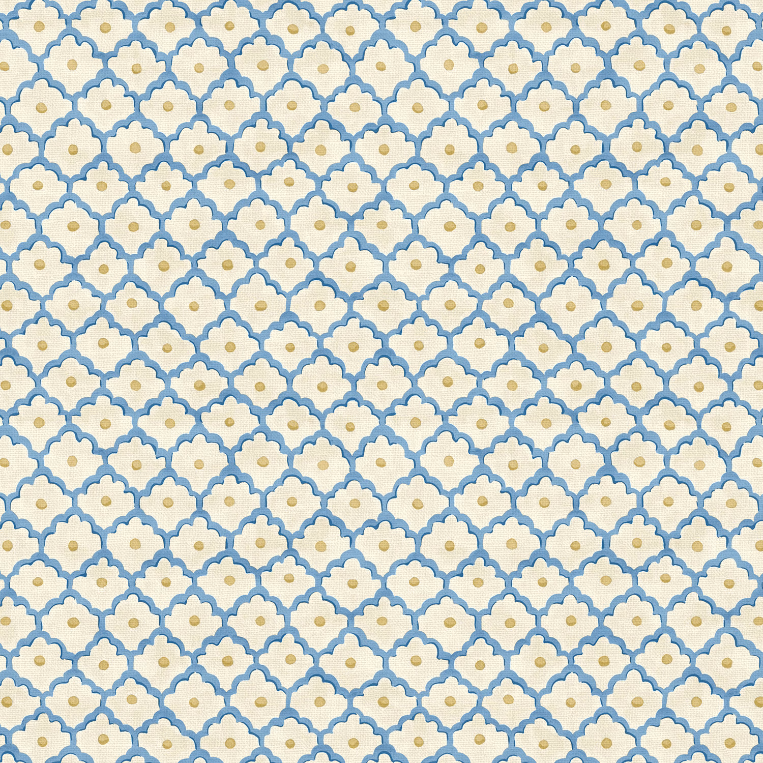 Lapis blue scalloped motifs with mustard centres on a textured ivory linen ground