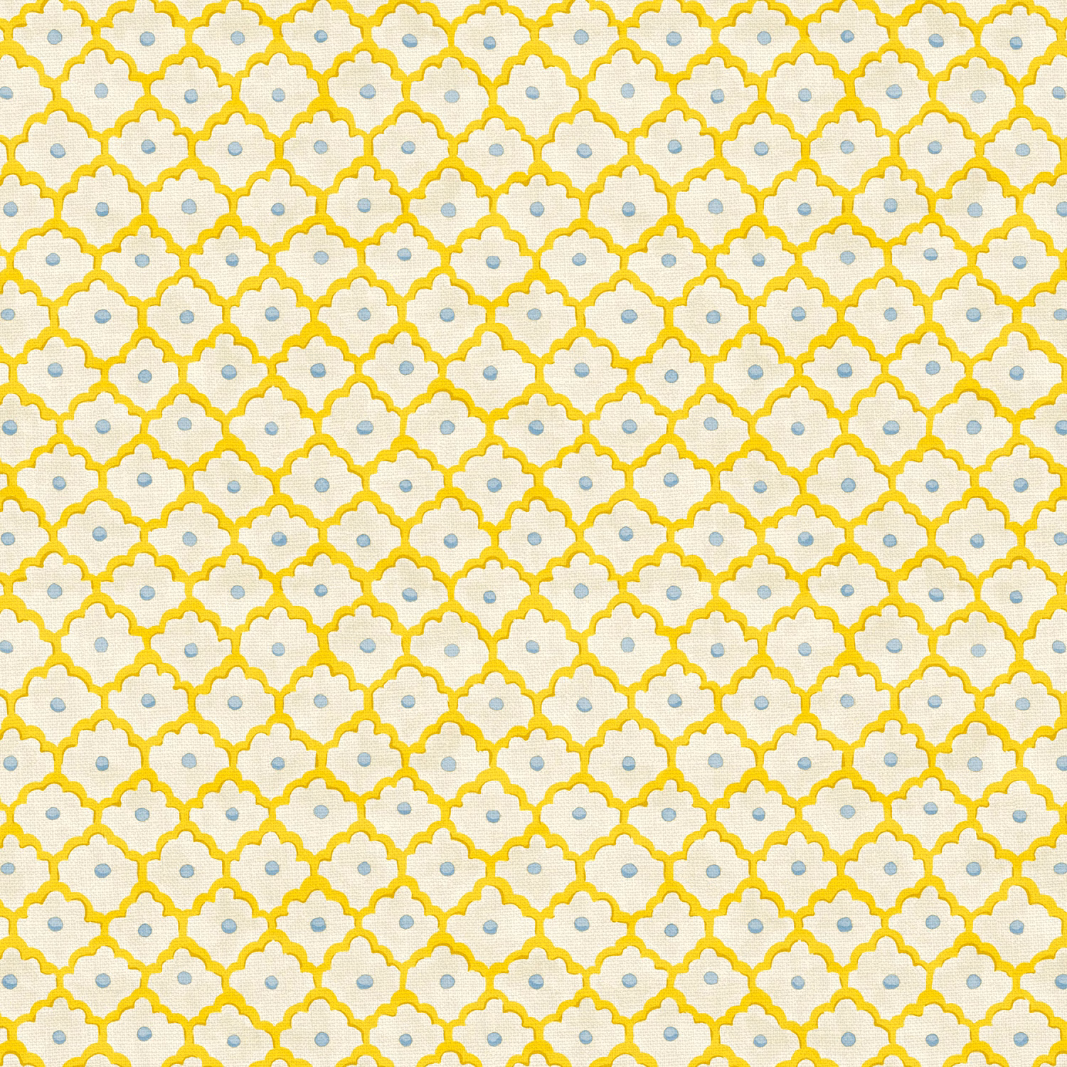 Ivory linen with lemon scalloped lattice and tiny pale blue dot centres