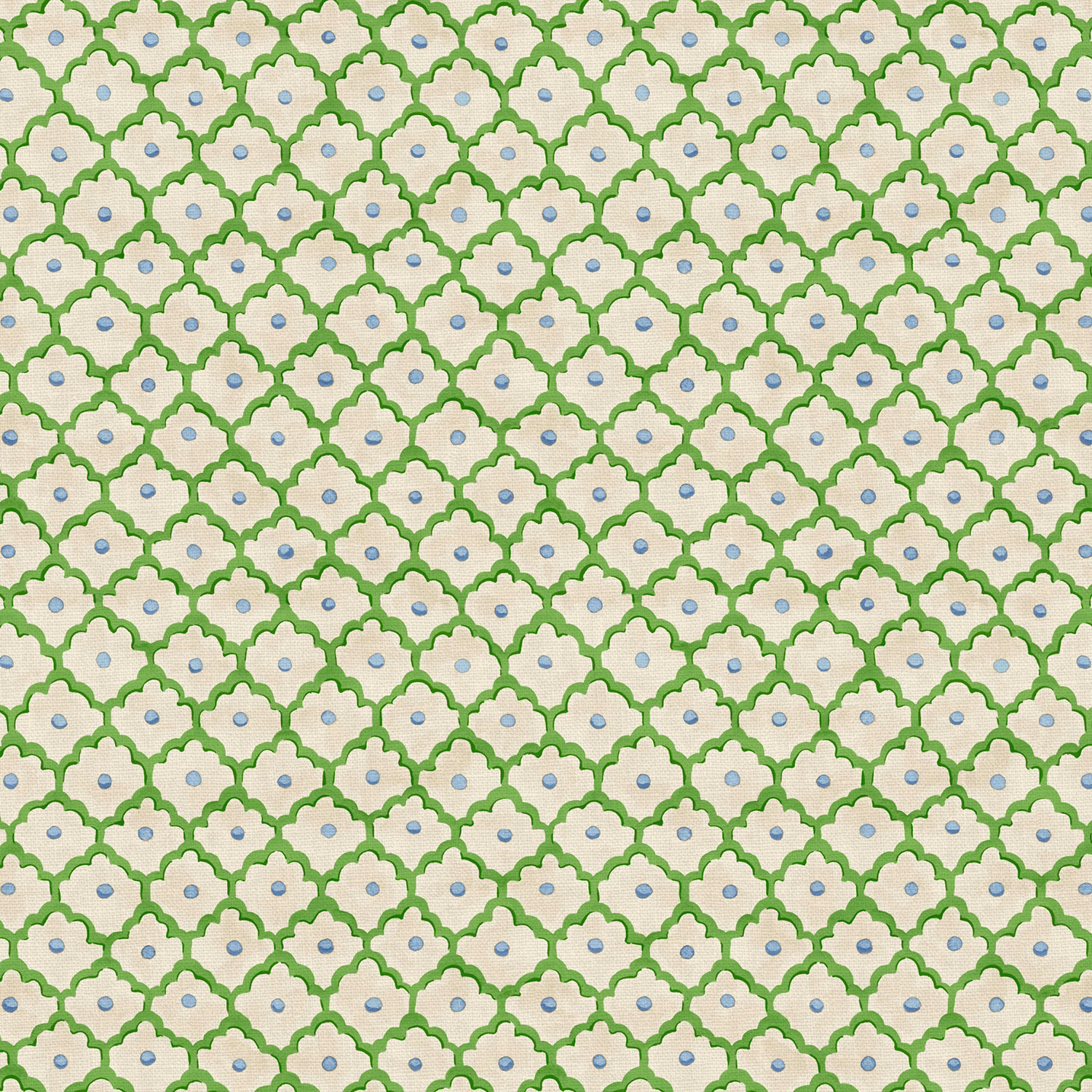 Mint green scallop pattern on cream fabric with tiny blue dot centres