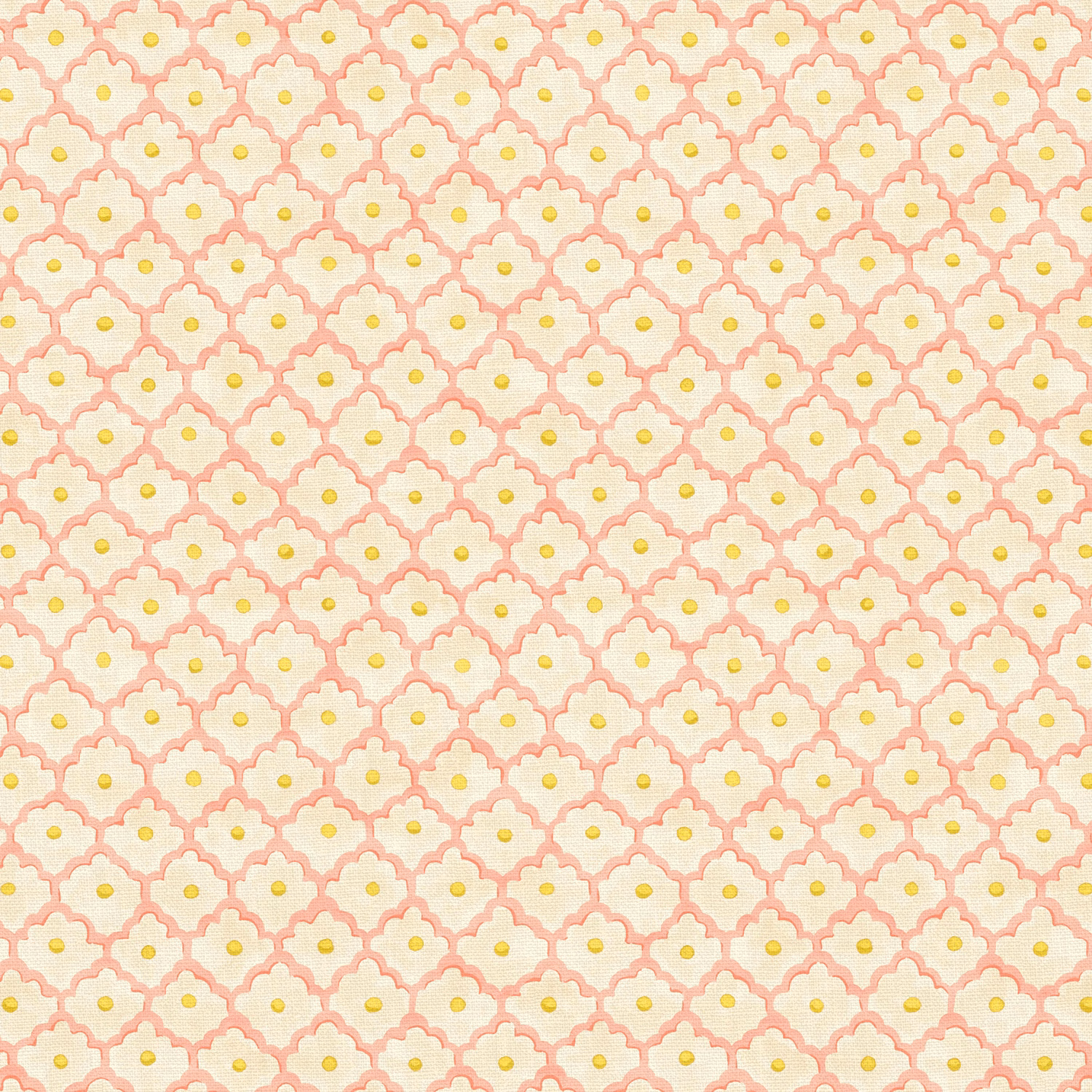 Pink Icing fabric with cream scalloped motifs and yellow button centres