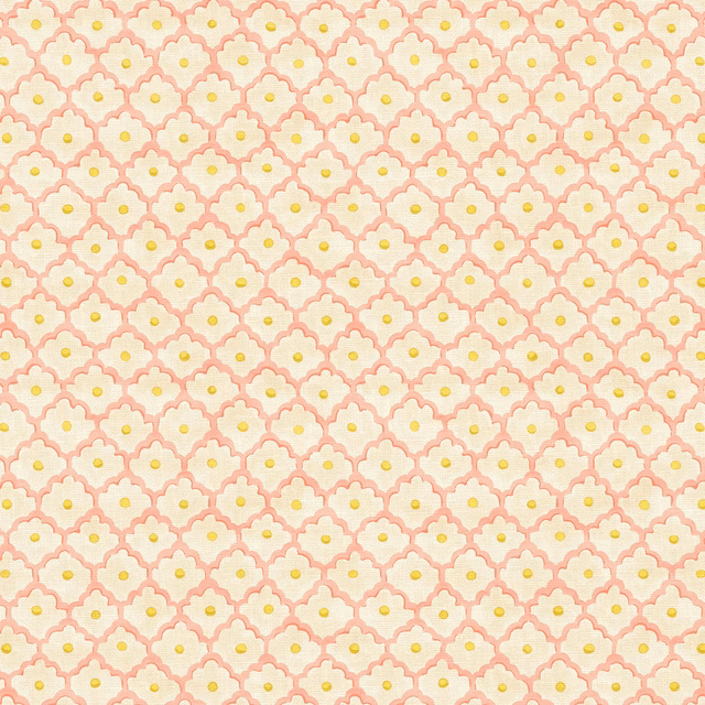 Pink Icing fabric with cream scalloped motifs and yellow button centres