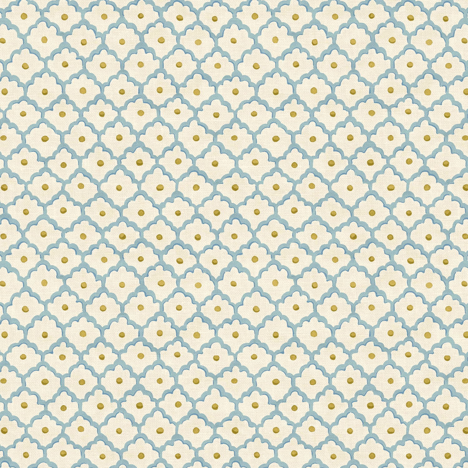 Pale aqua scallop lattice with lilac-blue flowers and olive-gold centres