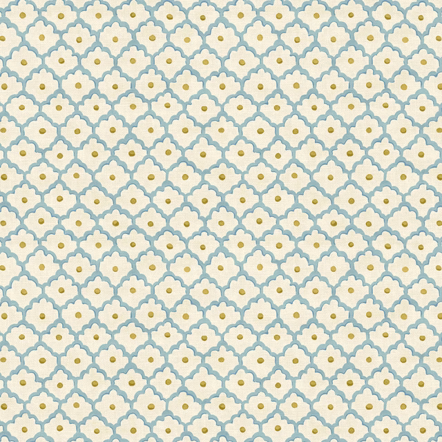 Pale aqua scallop lattice with lilac-blue flowers and olive-gold centres