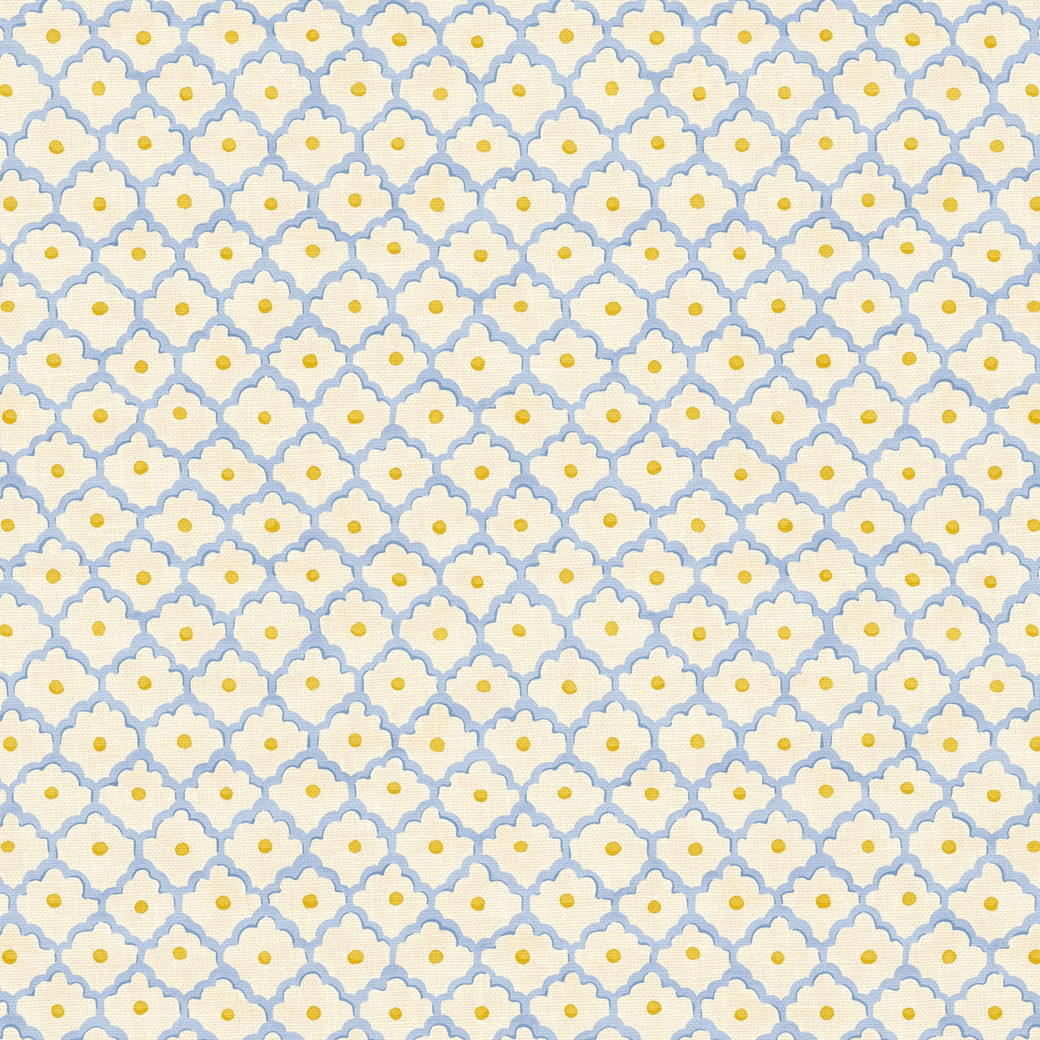 Small scalloped floral print in powder blue, lilac and yellow on linen