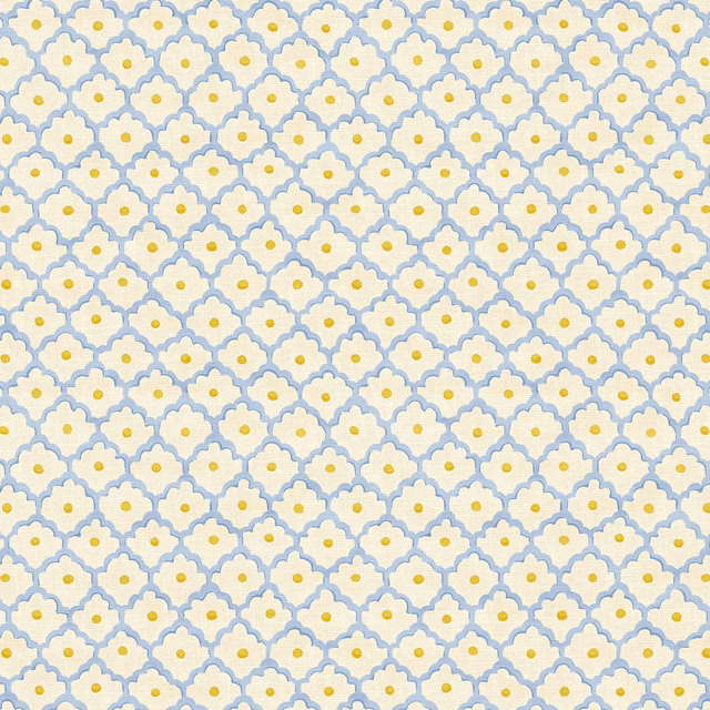 Small scalloped floral print in powder blue, lilac and yellow on linen