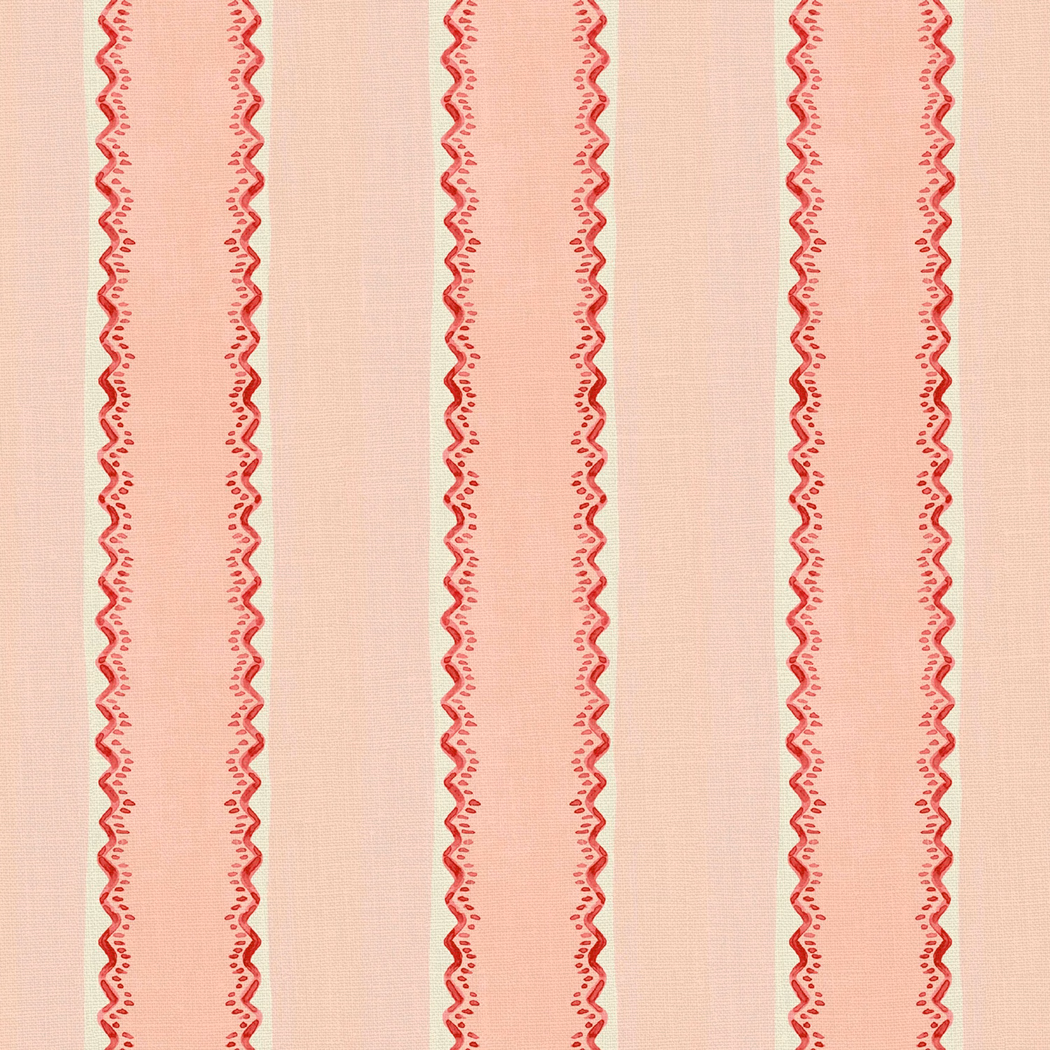 Blush pink linen with vertical rhubarb-red scalloped stripes and fine weave