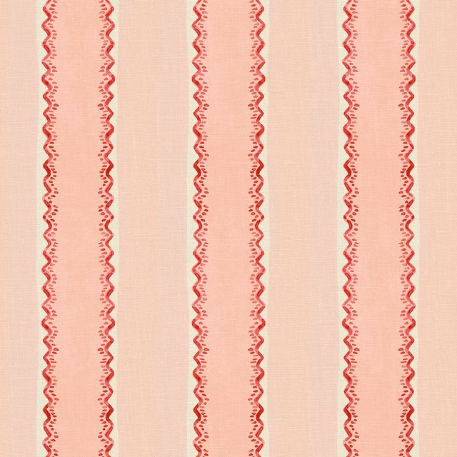 Blush pink linen with vertical rhubarb-red scalloped stripes and fine weave