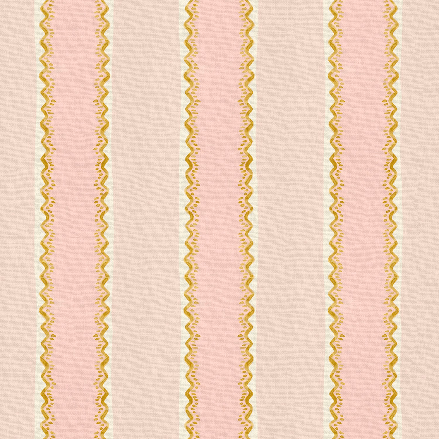 Blush pink and cream linen stripes edged with mustard olive zigzag motifs