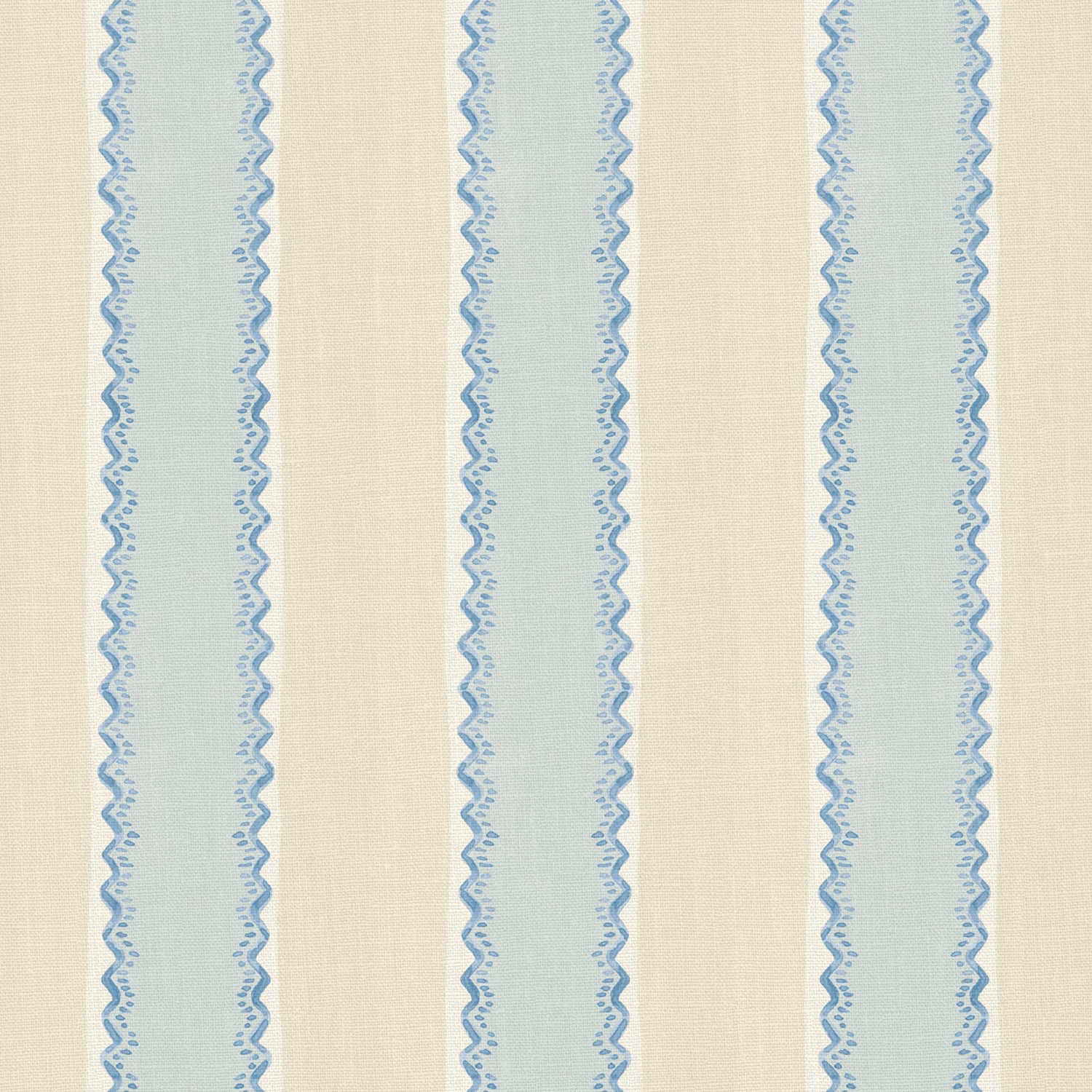 Pale blue and lilac vertical stripes with zigzag edges on cream linen