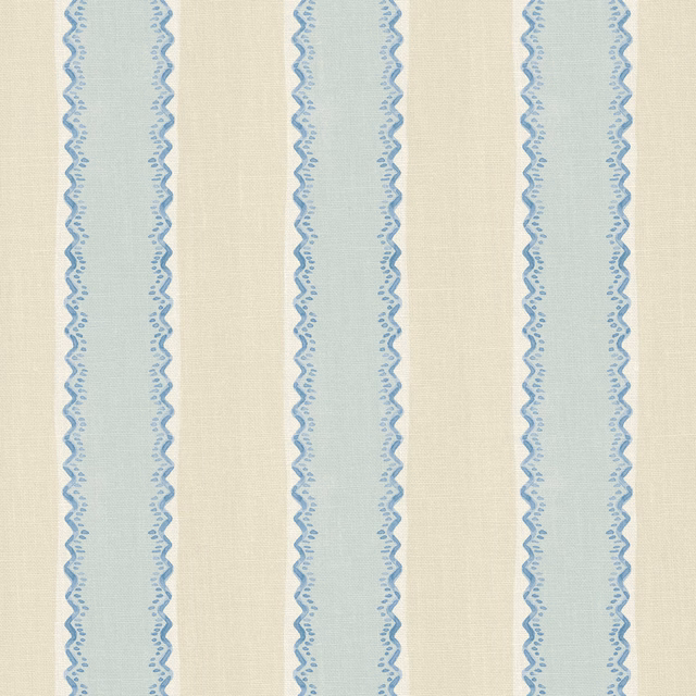 Pale blue and lilac vertical stripes with zigzag edges on cream linen