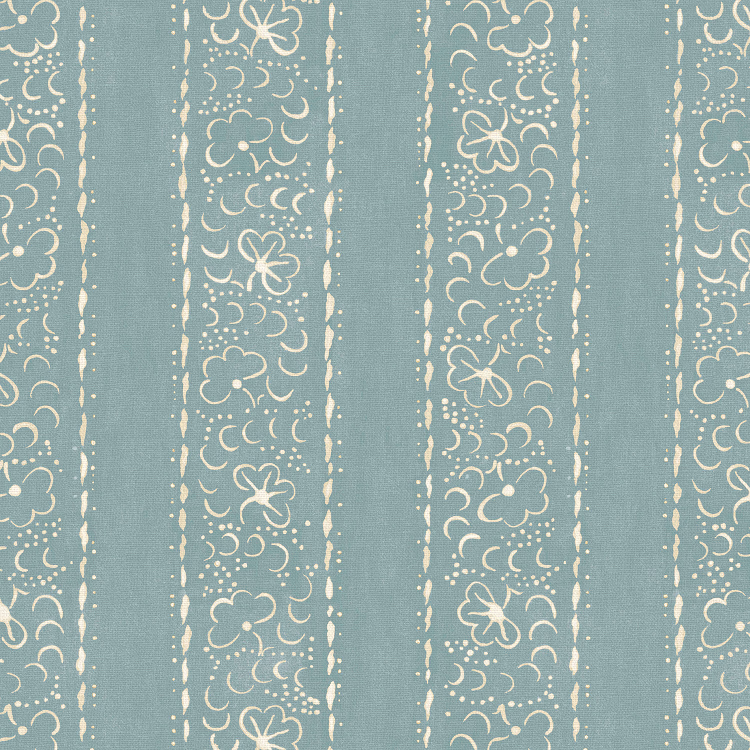 Muted blue-teal linen with cream floral scroll stripes and distressed edges