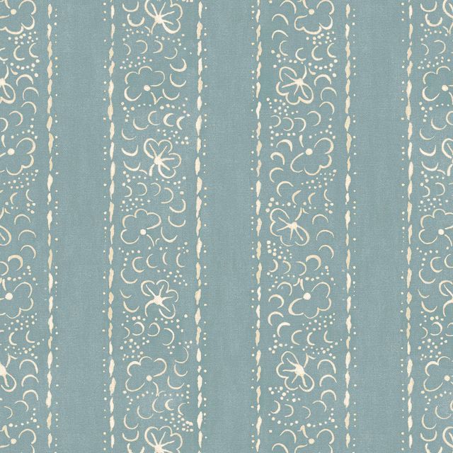 Muted blue-teal linen with cream floral scroll stripes and distressed edges