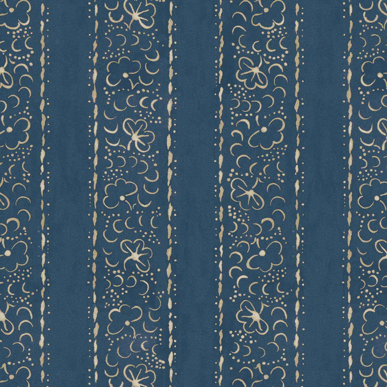 Deep teal linen stripe with pale lilac floral scrolls and dotted borders