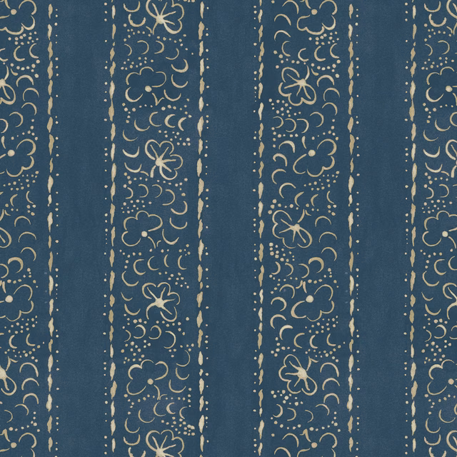 Deep teal linen stripe with pale lilac floral scrolls and dotted borders