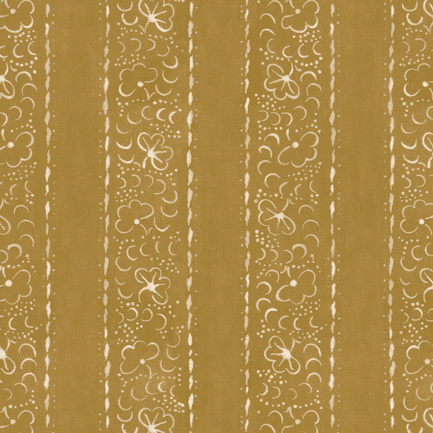 Honey ochre linen with vertical cream floral stripes and delicate scrolling motifs