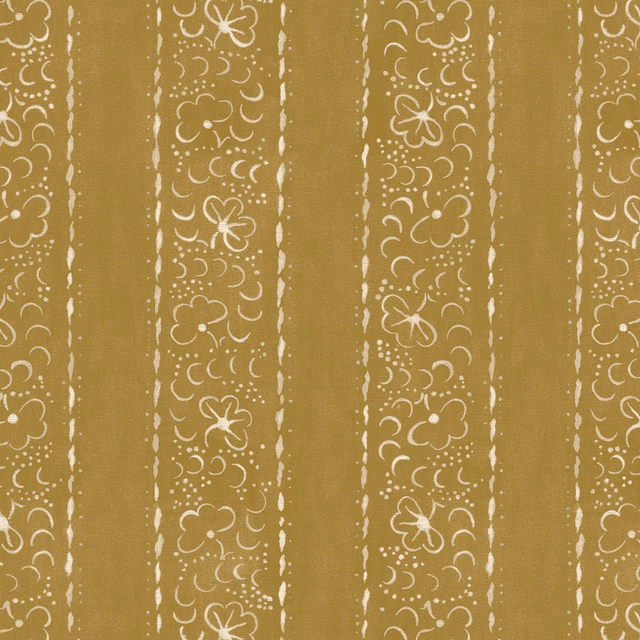 Honey ochre linen with vertical cream floral stripes and delicate scrolling motifs