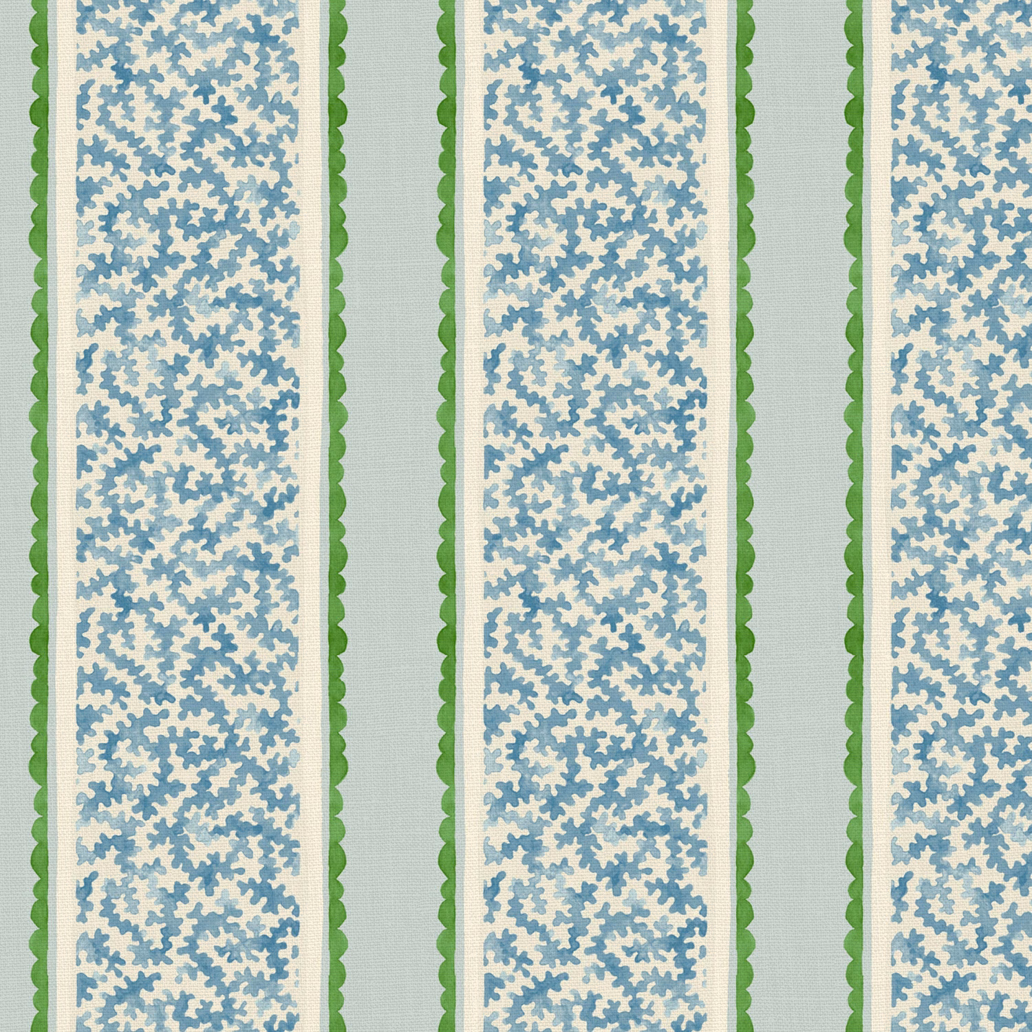 Pale aqua linen with blue botanical bands and green scalloped stripes