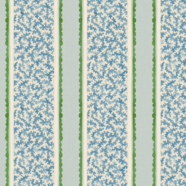Pale aqua linen with blue botanical bands and green scalloped stripes