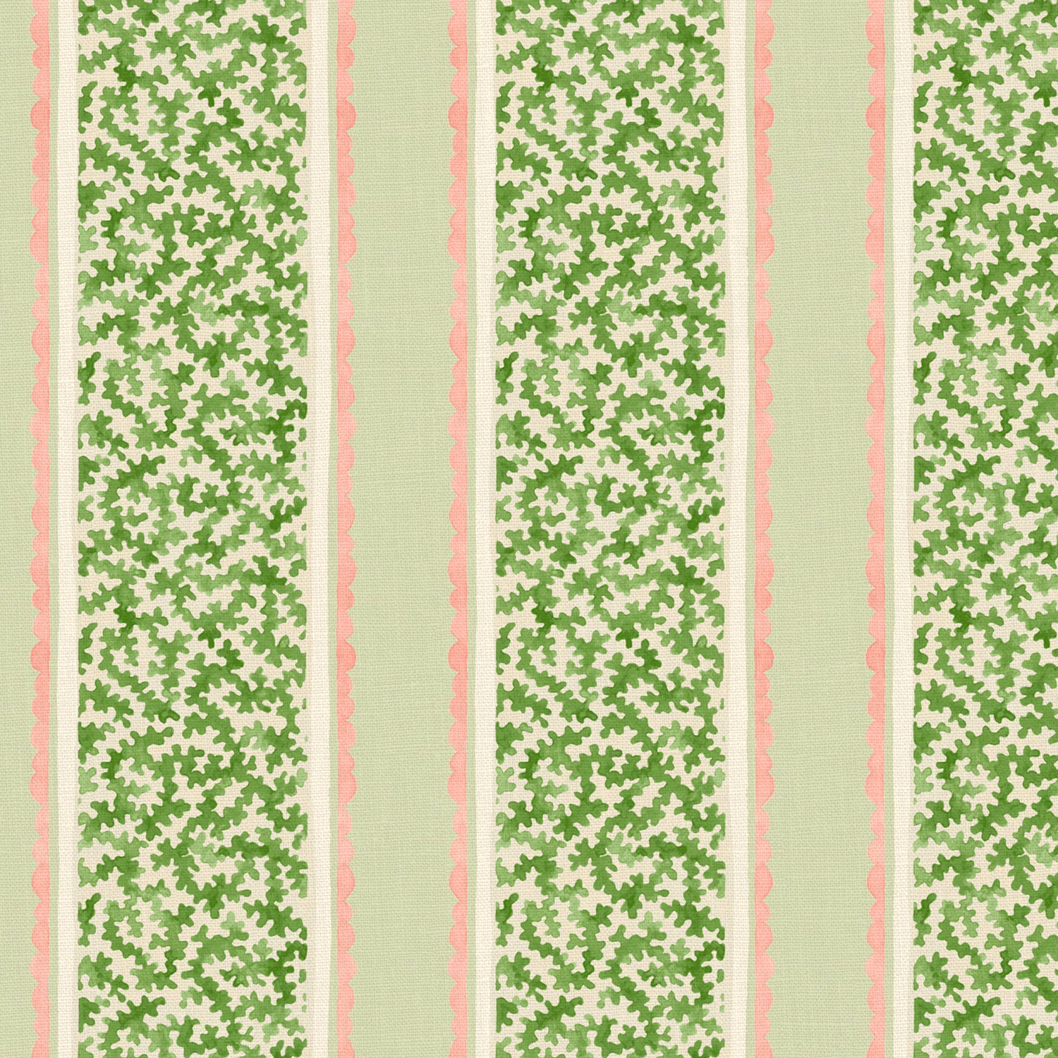 Pale aqua linen with green leafy stripes and pink scalloped vertical borders