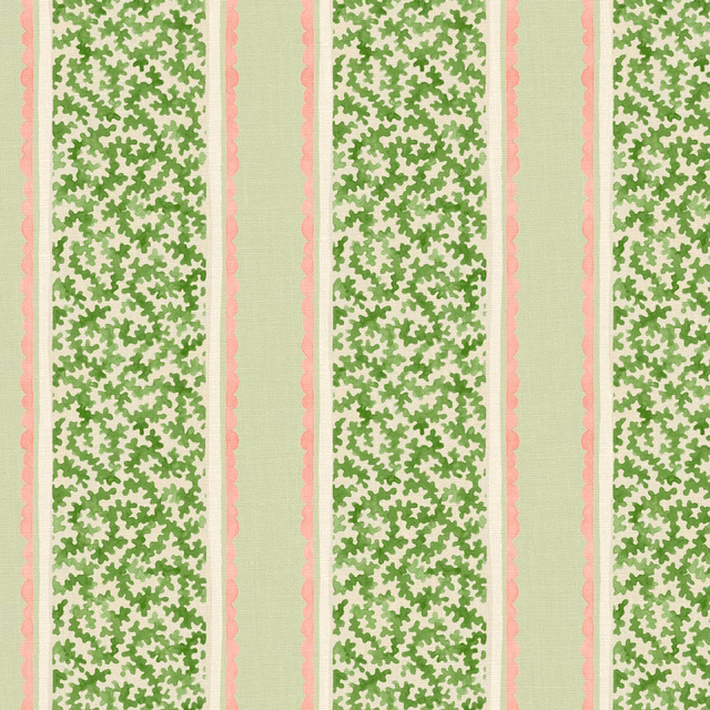 Pale aqua linen with green leafy stripes and pink scalloped vertical borders