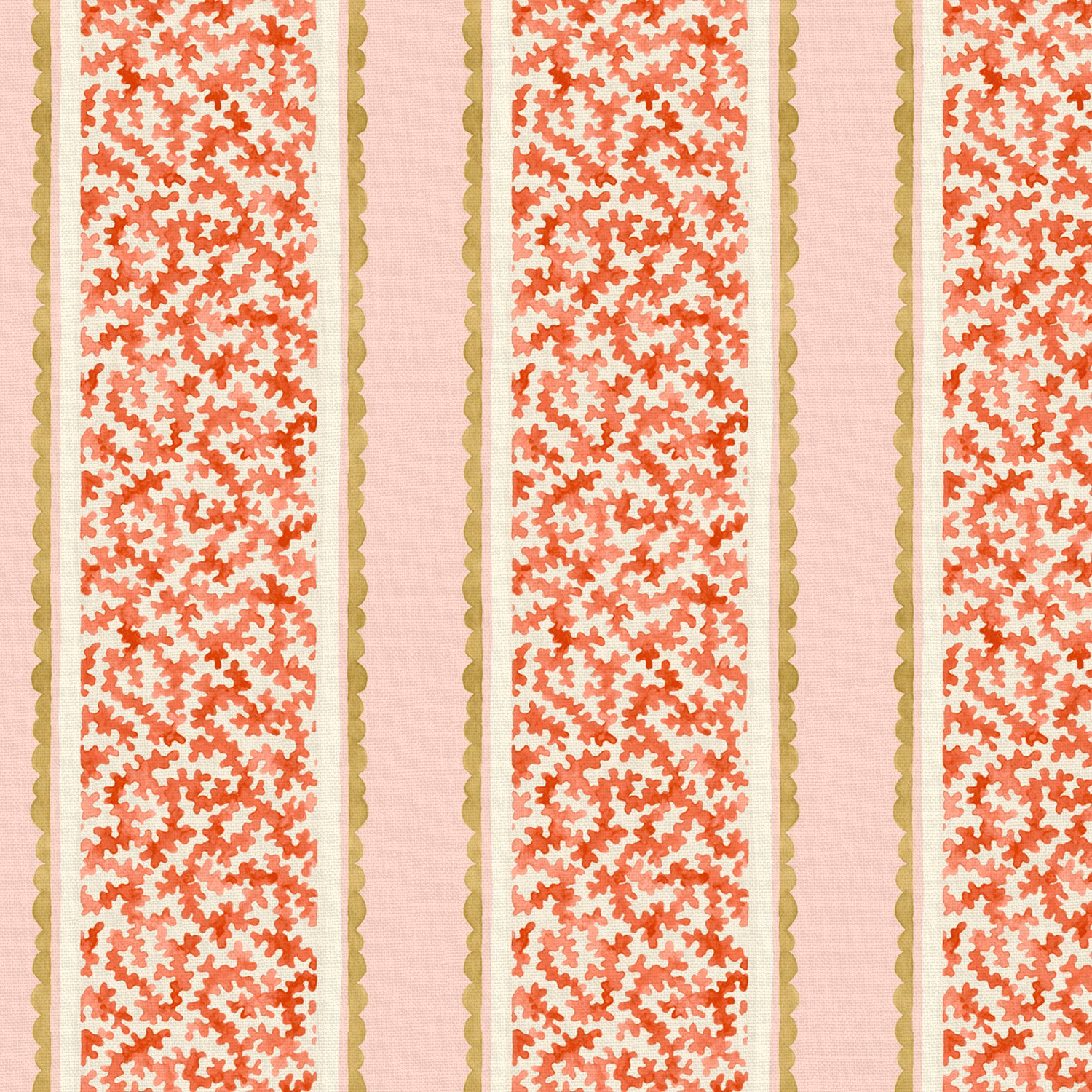 Pale pink striped fabric with coral-red motifs and olive scalloped borders