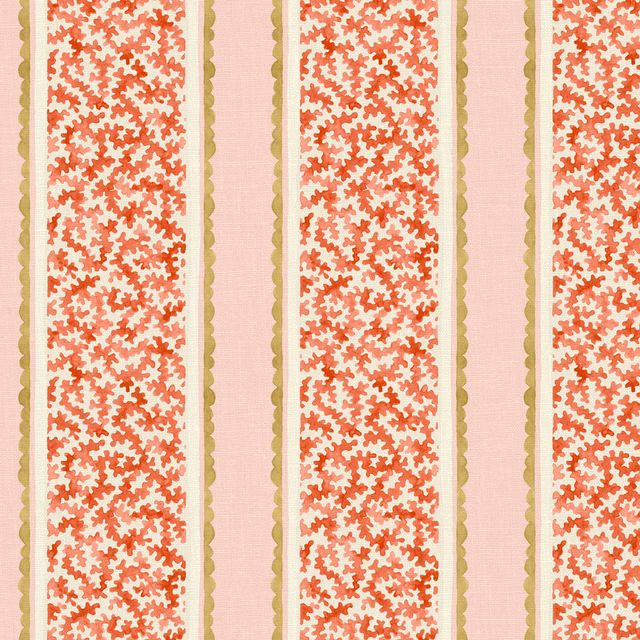 Pale pink striped fabric with coral-red motifs and olive scalloped borders