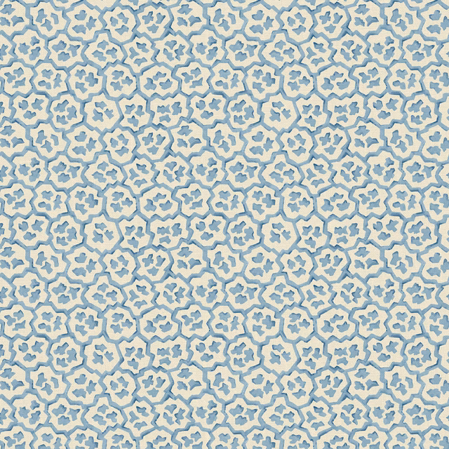 Ivory linen with dense small aquamarine abstract floral-geometric motifs