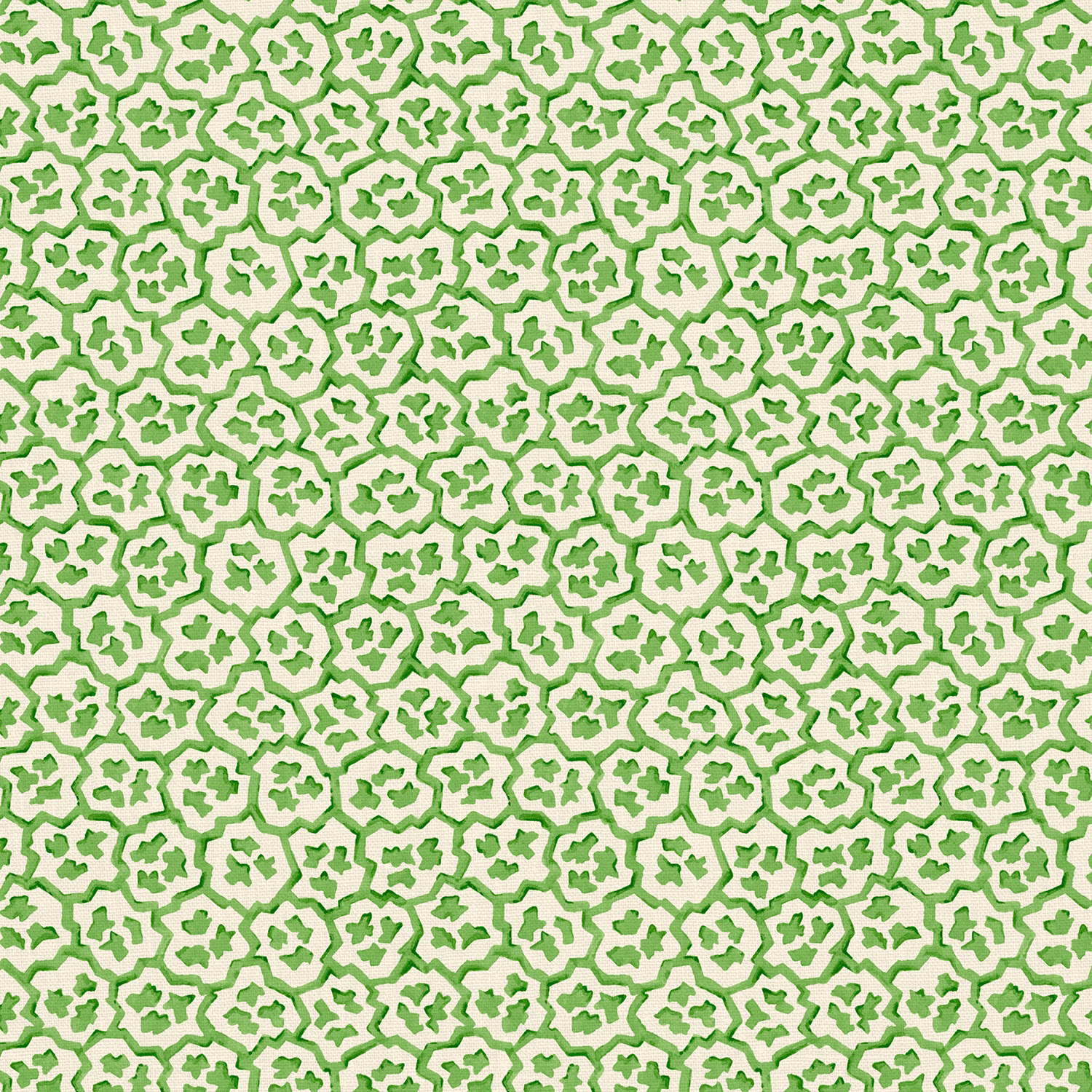 Dense aqua-green small floral print with irregular outlined motifs on pale linen ground