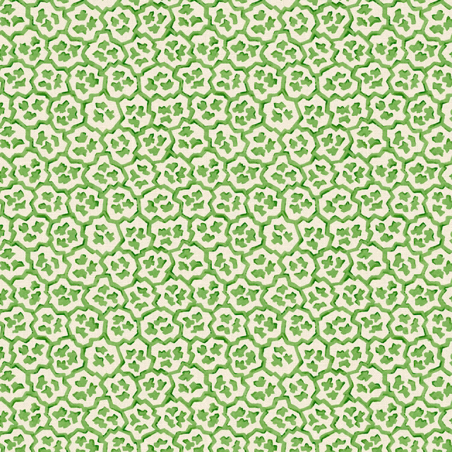 Dense aqua-green small floral print with irregular outlined motifs on pale linen ground