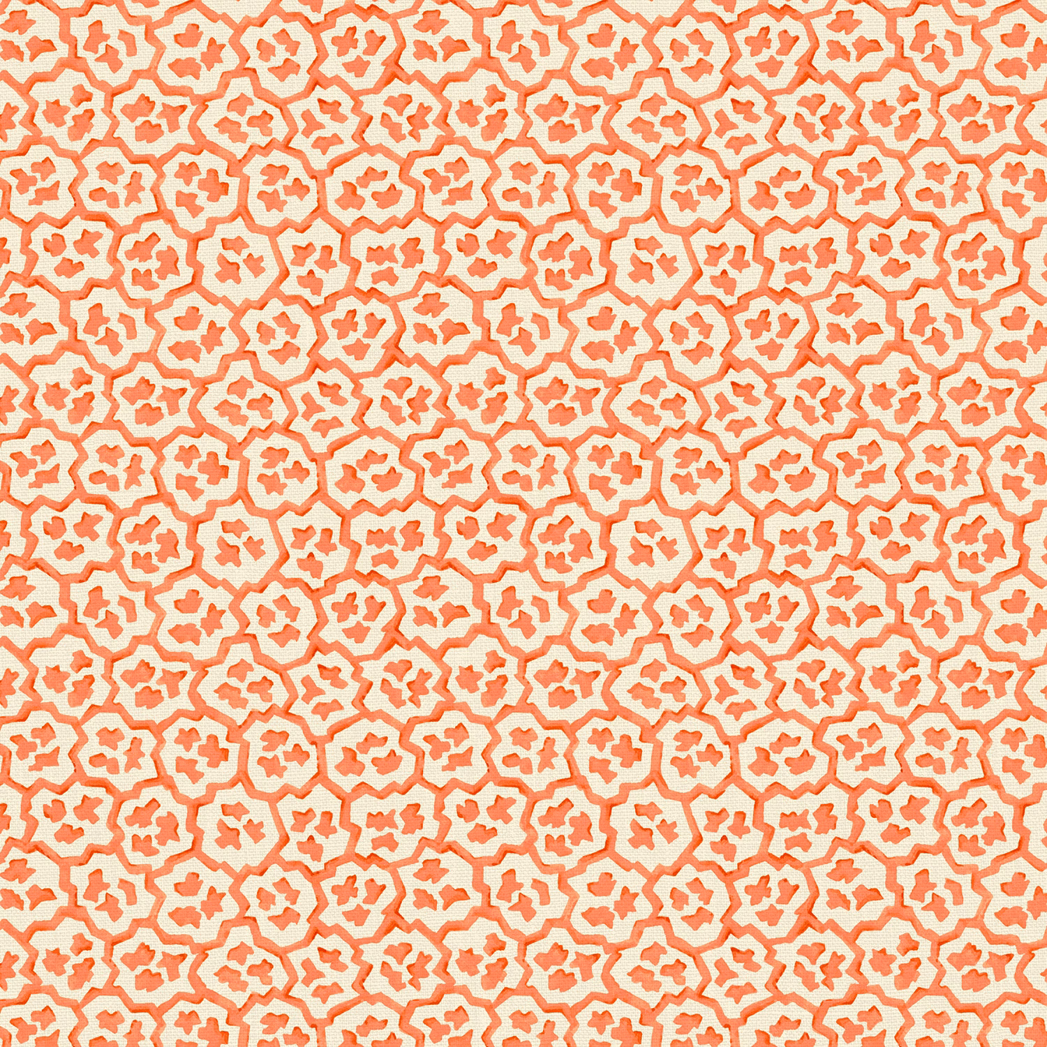 Warm ivory linen with dense coral-red irregular floral motifs in a small-scale pattern