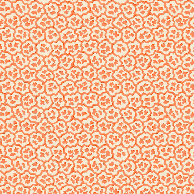 Warm ivory linen with dense coral-red irregular floral motifs in a small-scale pattern