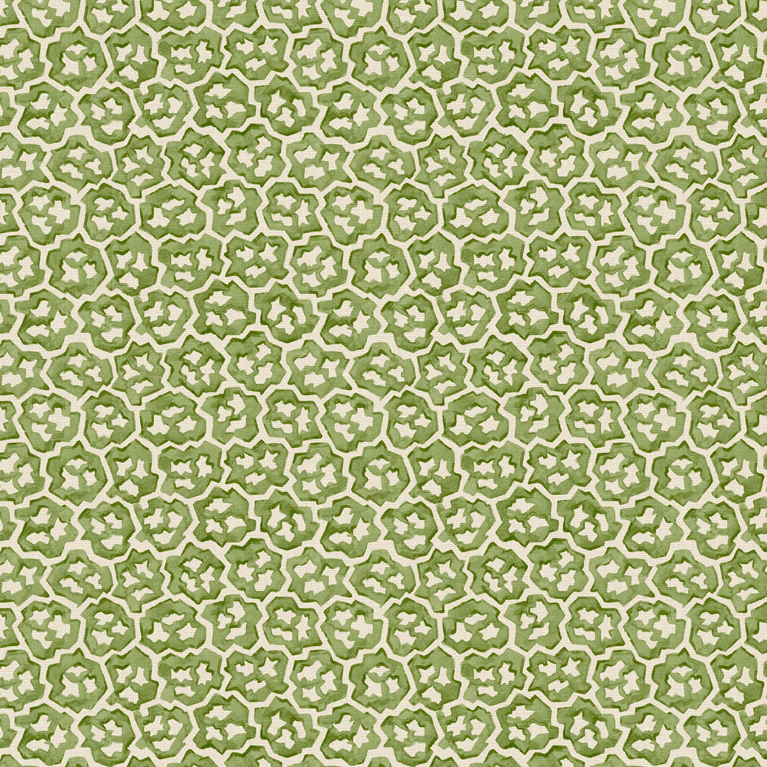 Gooseberry-green fabric with dense cream outlined star and quatrefoil motifs