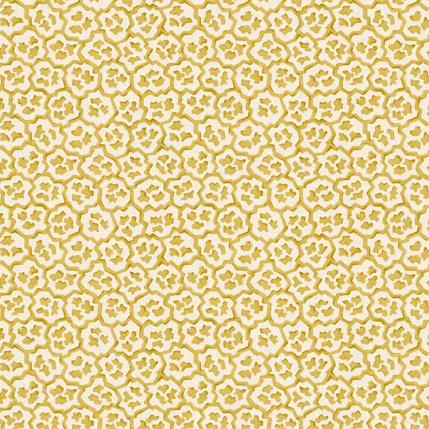 Warm mustard-gold tracery and tiny floral marks on a cream linen ground