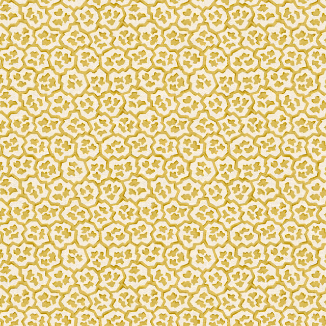 Warm mustard-gold tracery and tiny floral marks on a cream linen ground