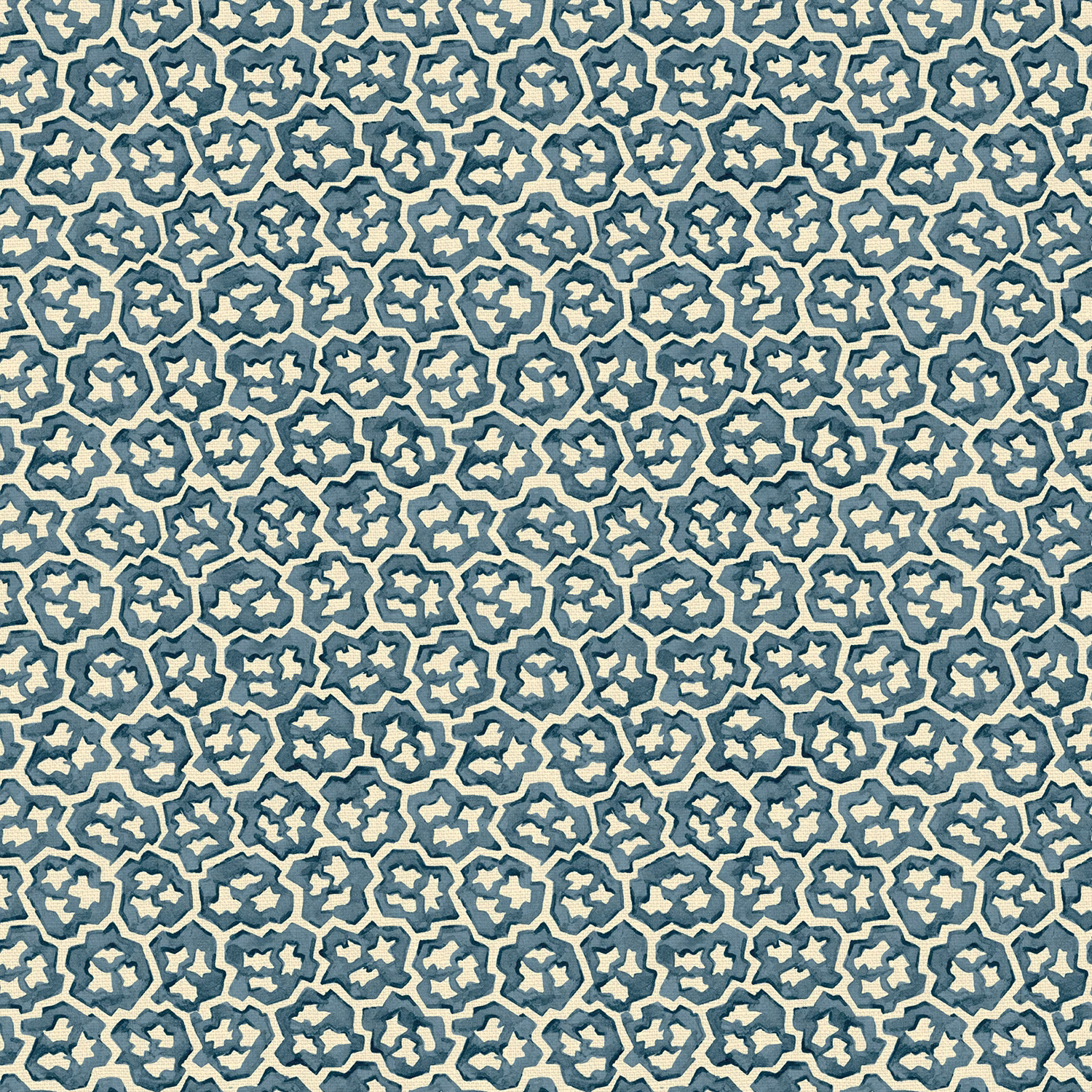 Dense blue-grey and lilac star motifs on a pale woven ground