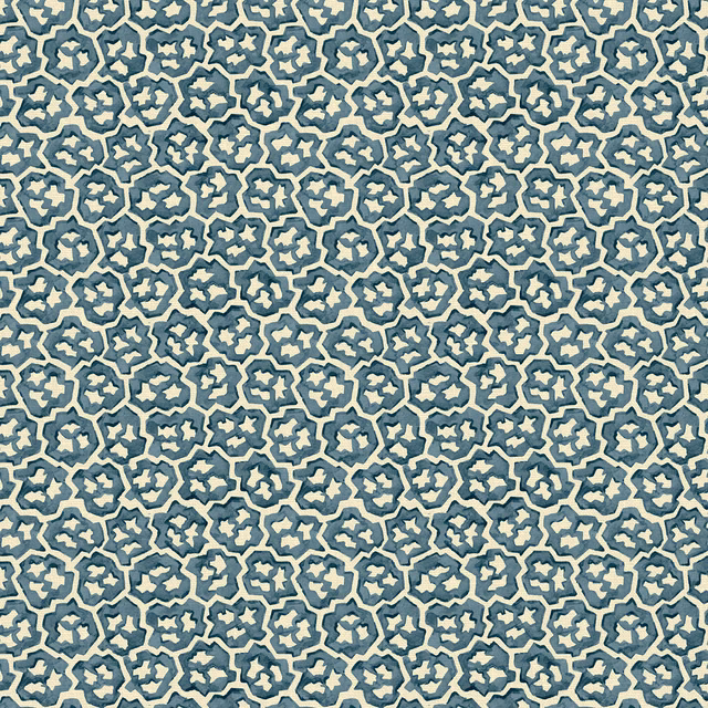 Dense blue-grey and lilac star motifs on a pale woven ground