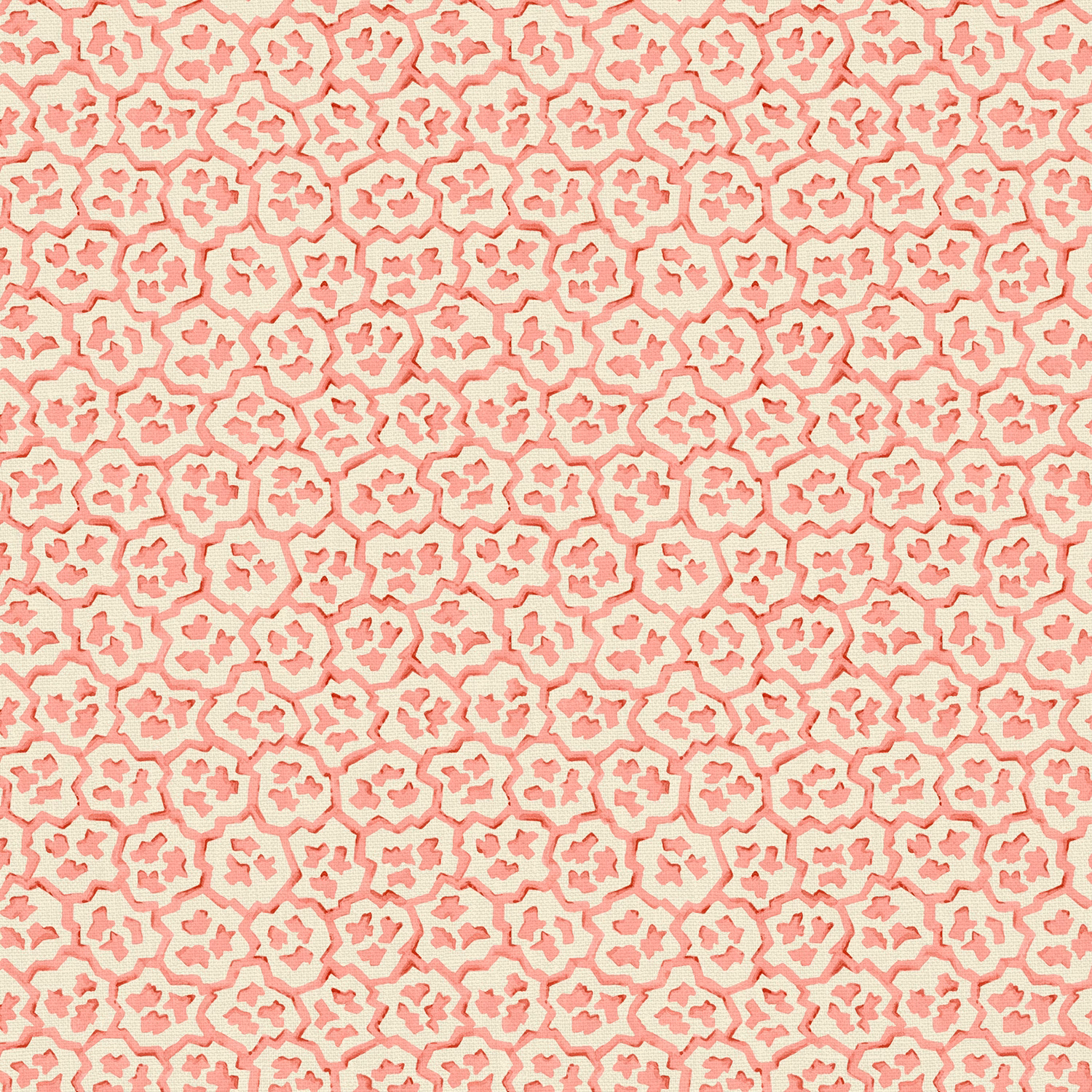 Ivory linen with dense dusty strawberry-pink interlocking geometric motifs