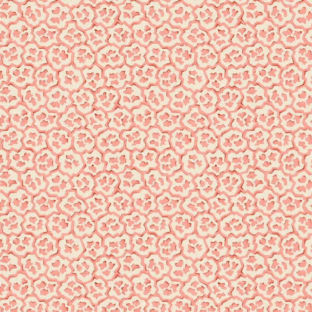 Ivory linen with dense dusty strawberry-pink interlocking geometric motifs
