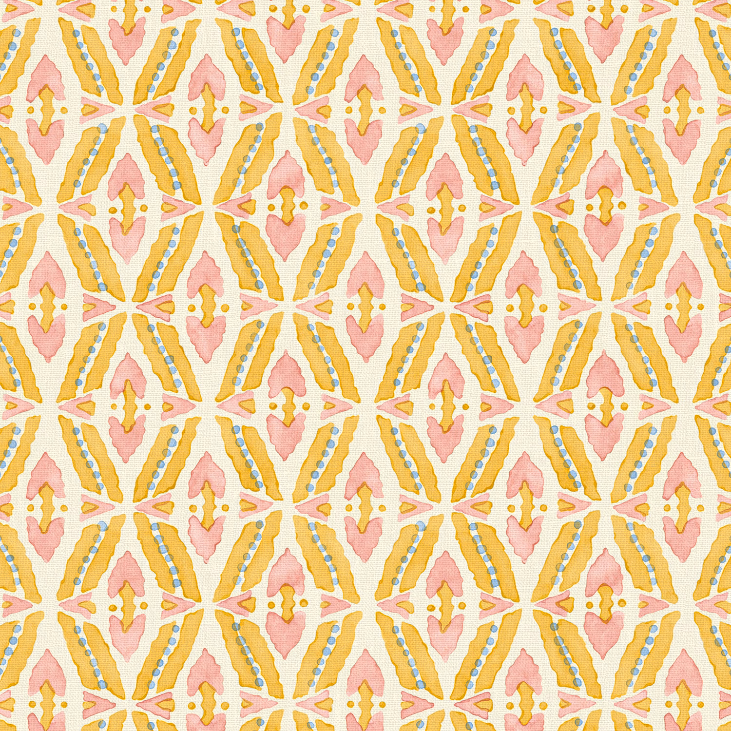 Warm cream linen with pink tulips, golden spokes and blue-green dotted bars