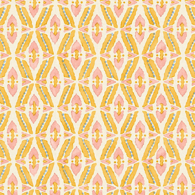 Warm cream linen with pink tulips, golden spokes and blue-green dotted bars