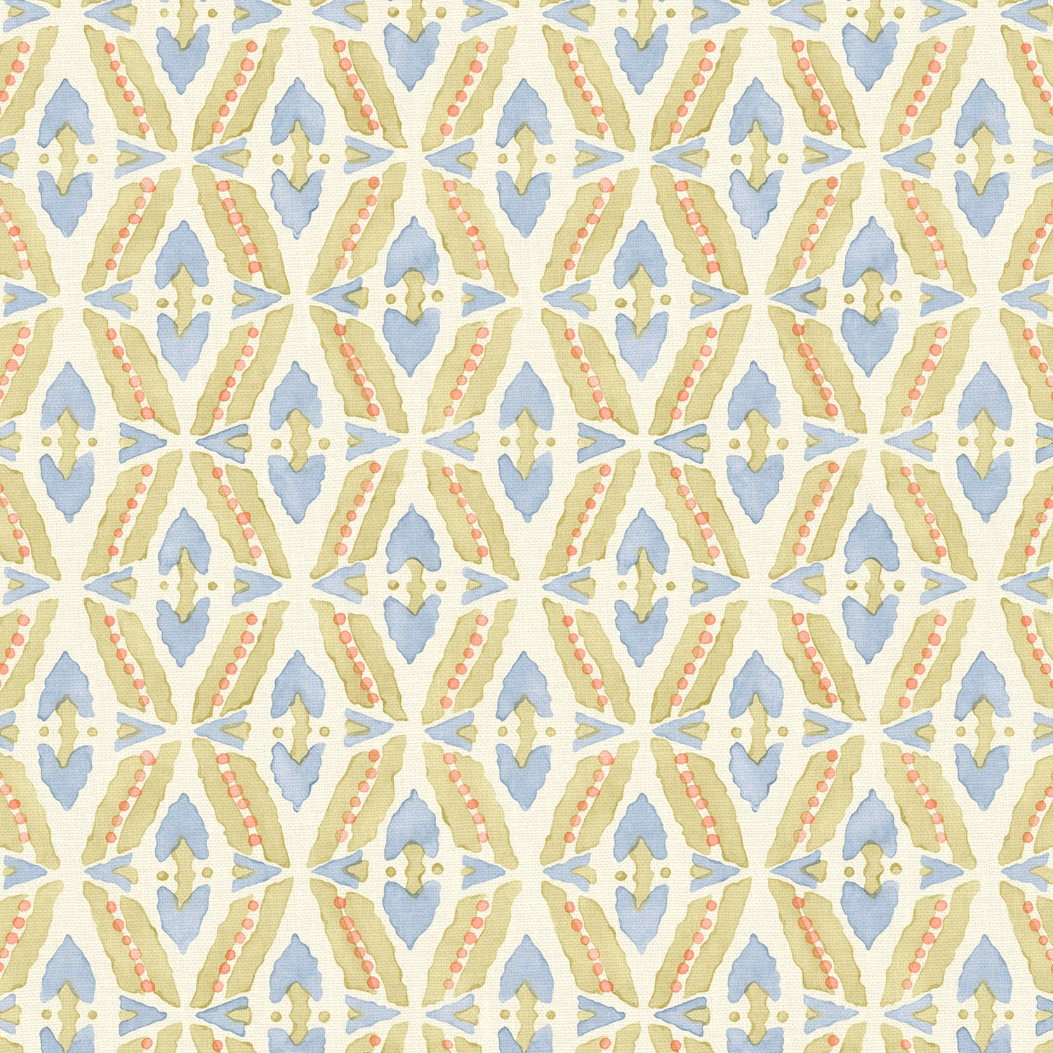 Cream linen with small blue-lilac leaves, pale green forms and coral dotted lines