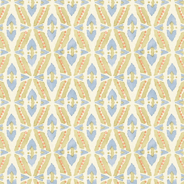 Cream linen with small blue-lilac leaves, pale green forms and coral dotted lines