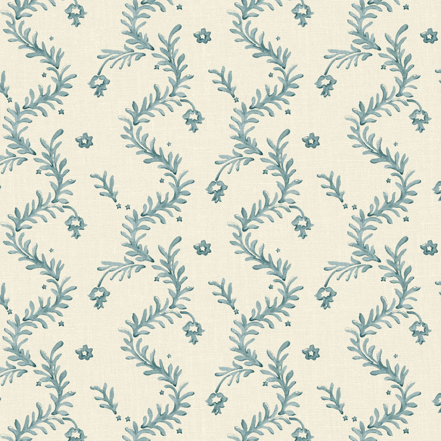 Ivory linen with muted blue teal leafy garlands and tiny scattered flowers